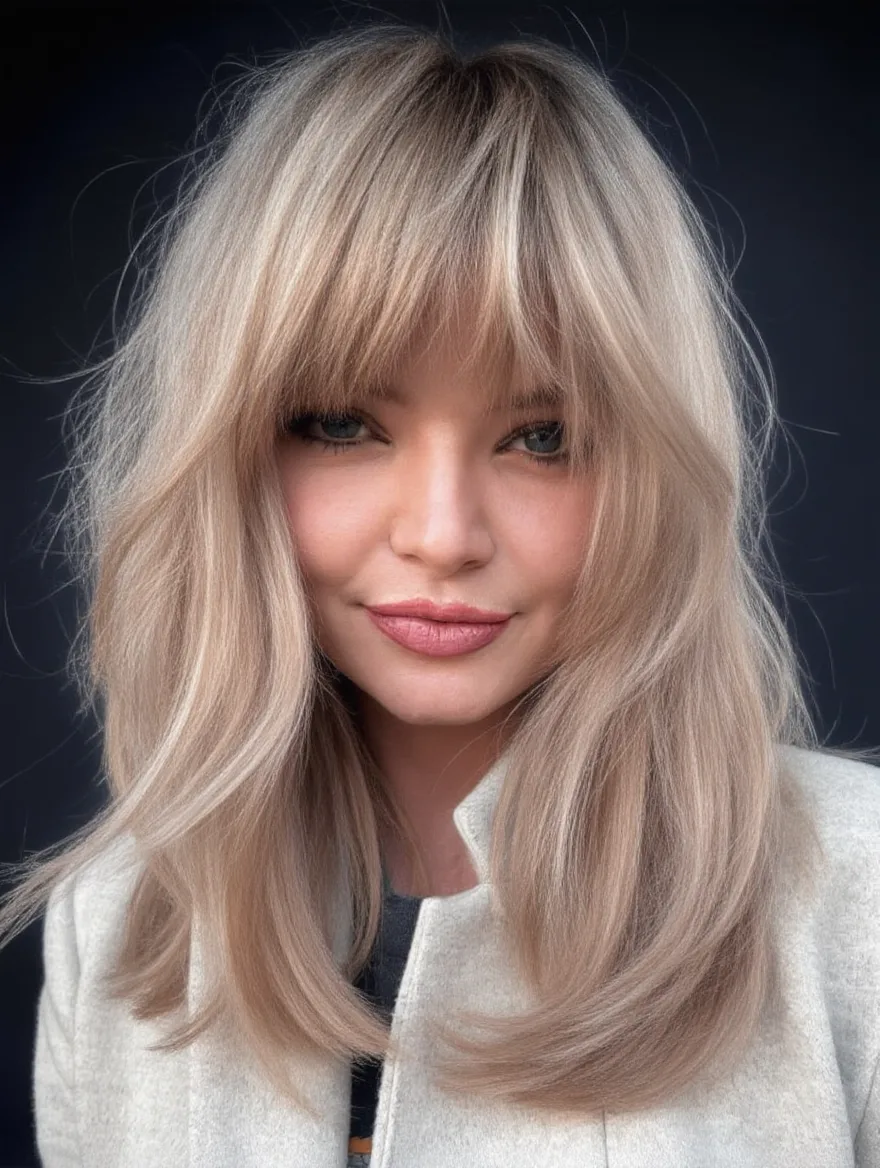 Long Layers with Blunt Bangs in Beige Blonde